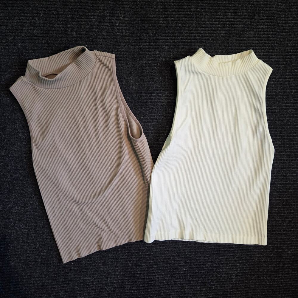 Lot of 2 Gypsy + Jade Seamless Ribbed Mock Neck Tank Tops Taupe Ivory XS/S